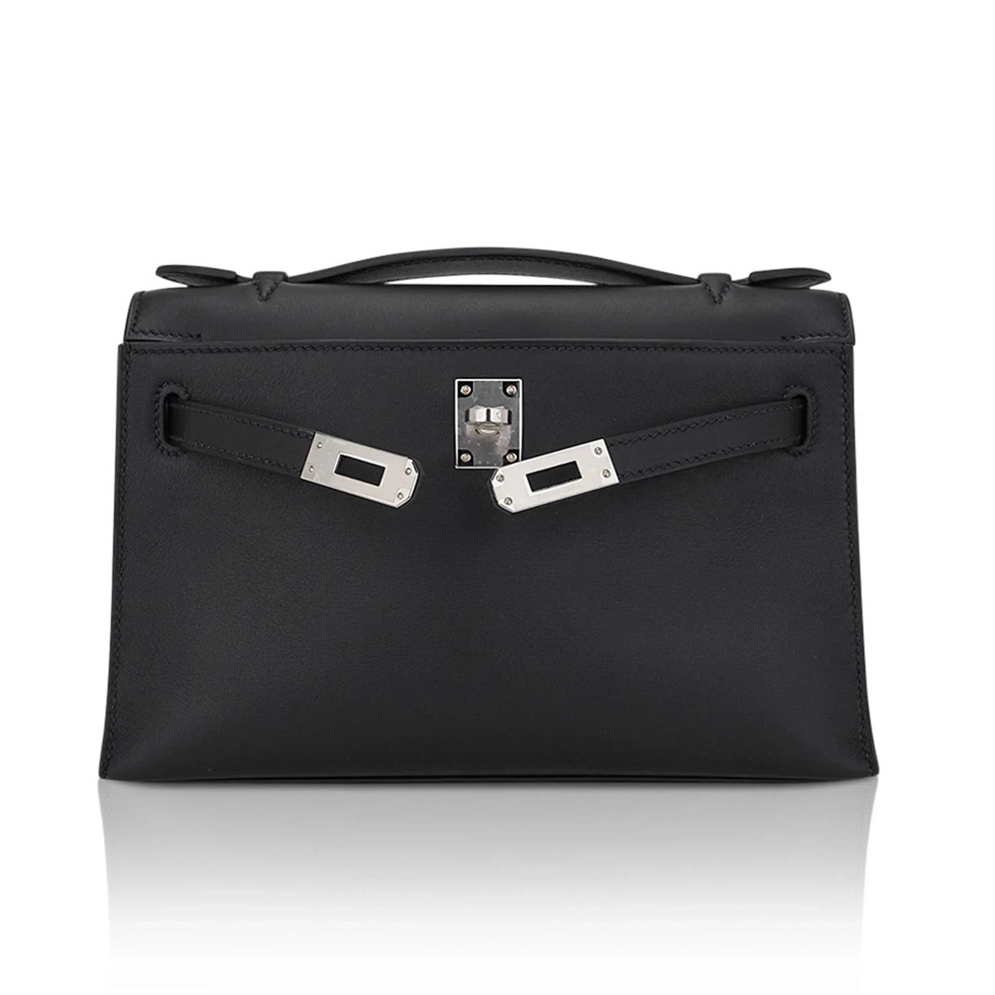 Kelly Pochette Clutch Bag Black Swift Leather with Palladium Hardware