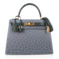 Kelly Sellier 28 HSS Bag Gris Agate / Vert Titien Ostrich Gold Hardware