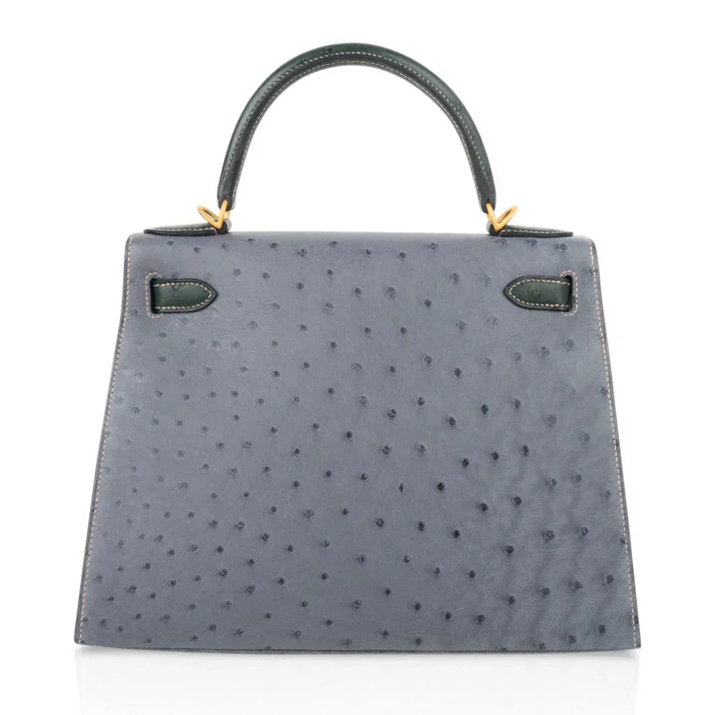 Kelly Sellier 28 HSS Bag Gris Agate / Vert Titien Ostrich Gold Hardware