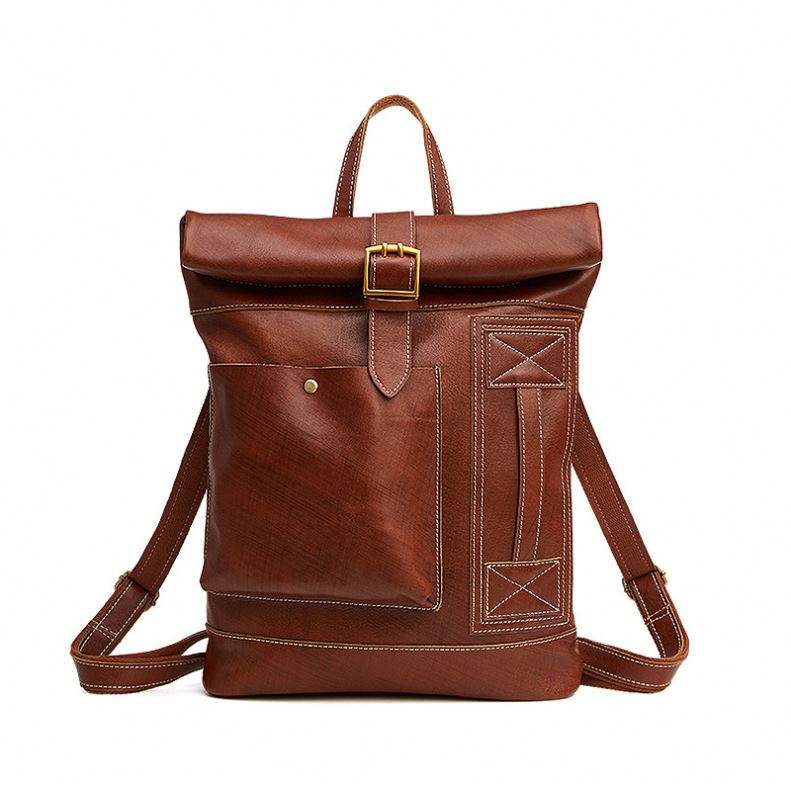 Vintage Roll-Top Lightweight Leather Backpack