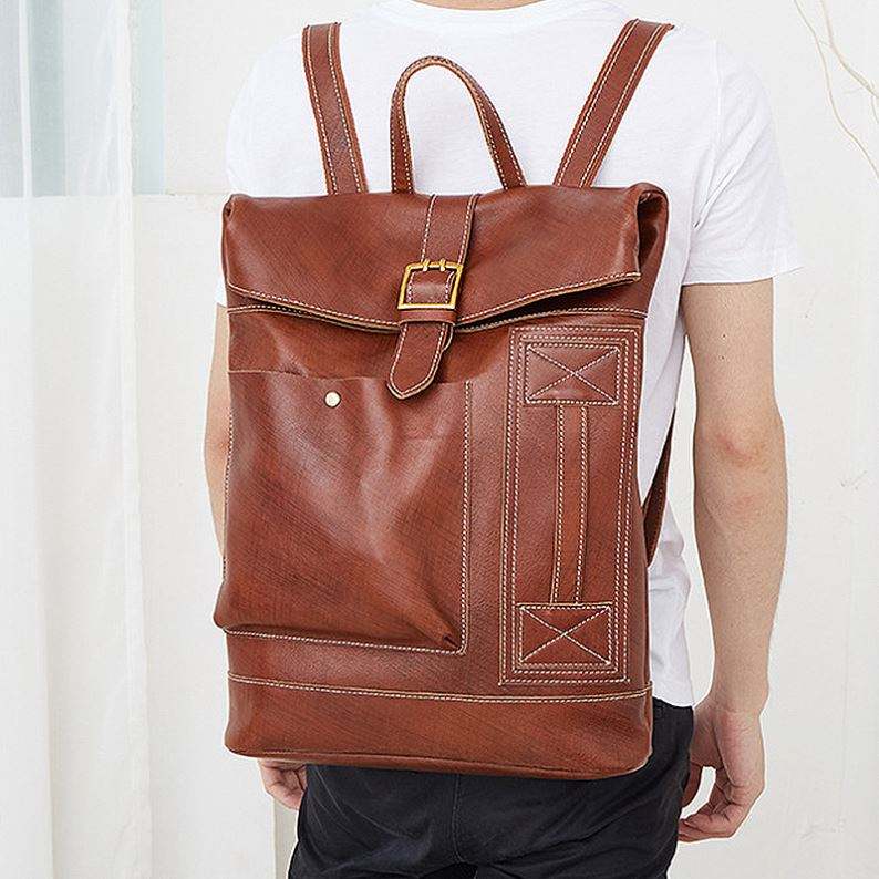 Vintage Roll-Top Lightweight Leather Backpack