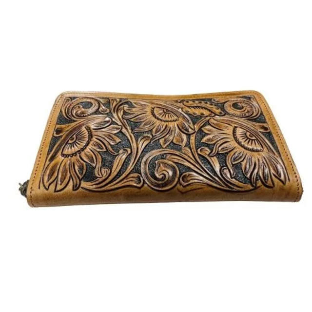 Floral Tooled Leather Zip-Around Long Wallet