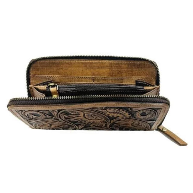 Floral Tooled Leather Zip-Around Long Wallet