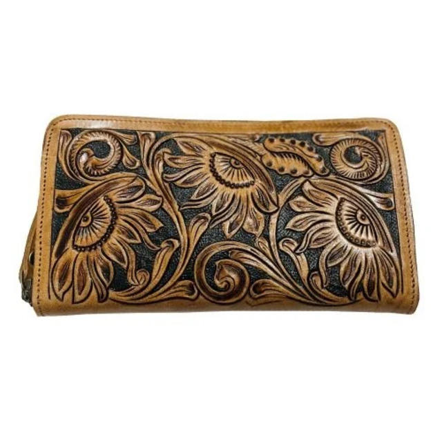 Floral Tooled Leather Zip-Around Long Wallet