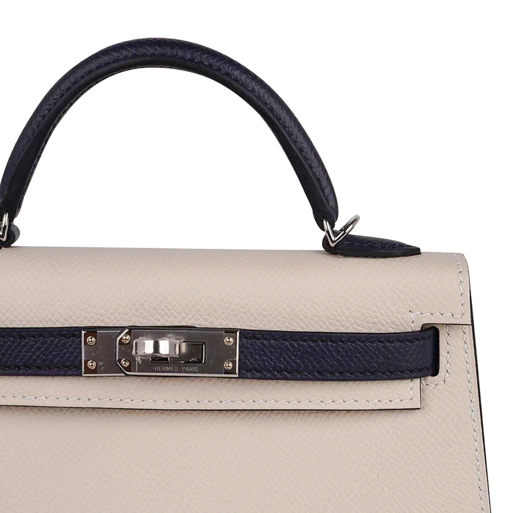 Special Order HSS Mini Kelly 20 Bag Sellier Craie & Blue Indigo Epsom Leather with Palladium Hardware